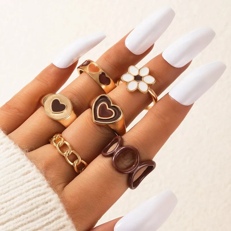 6 pcs flower heart ring set