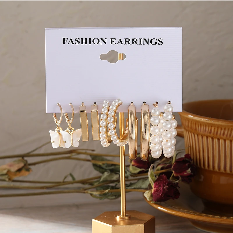 5 pairs butterfly pearl earring set