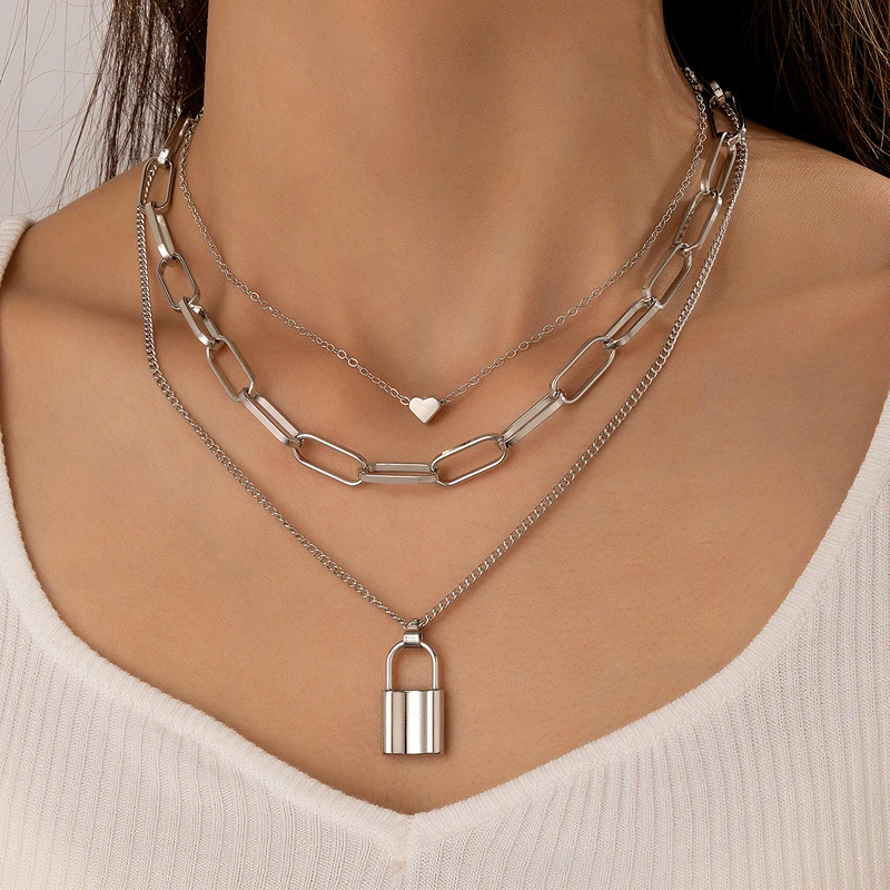 Multilayer lock heart necklace