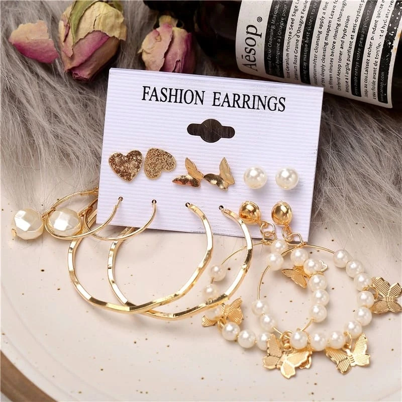 6 pairs butterfly pearl earring set