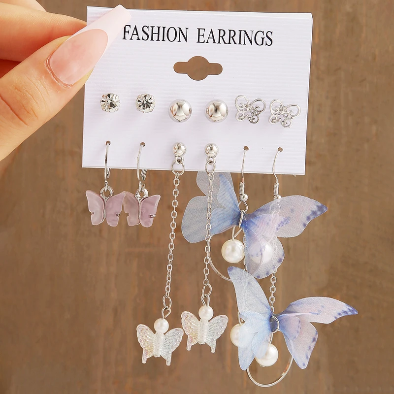 6 pairs butterfly pearl earring