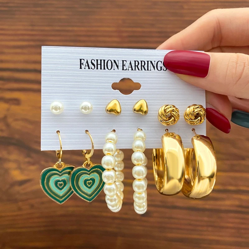 6 pairs heart pearl earring set