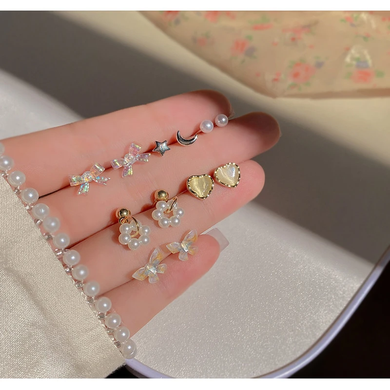 6 pairs butterfly pearl earring set