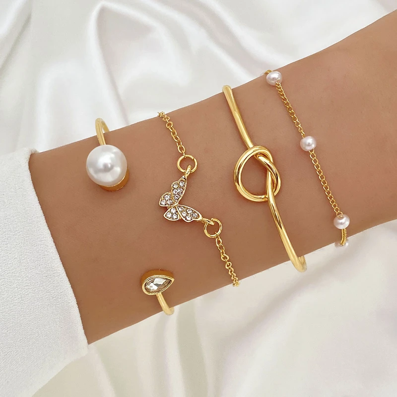 4 pcs butterfly pearl cuff bracelet