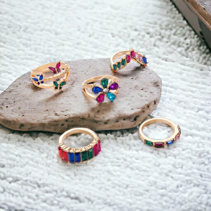 5 pcs butterfly stone ring set