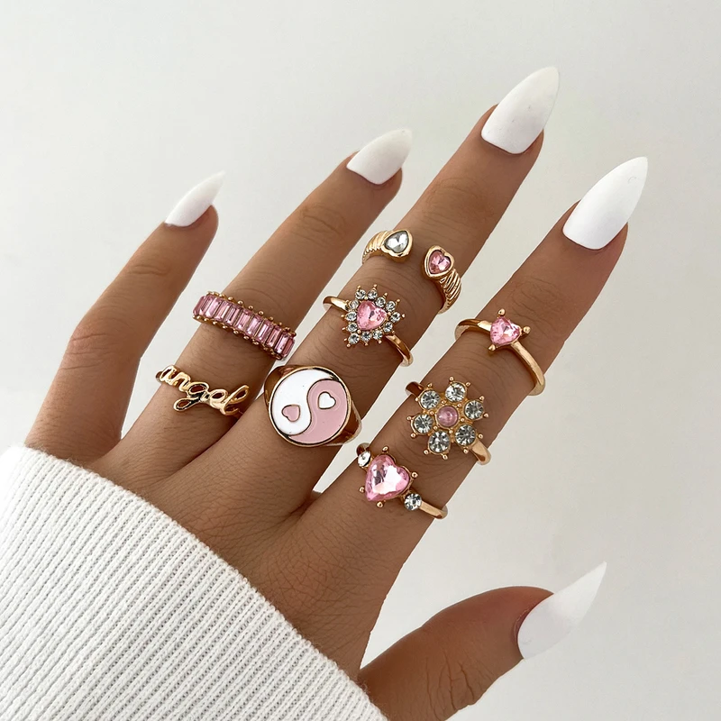 8 pcs heart stone ring set