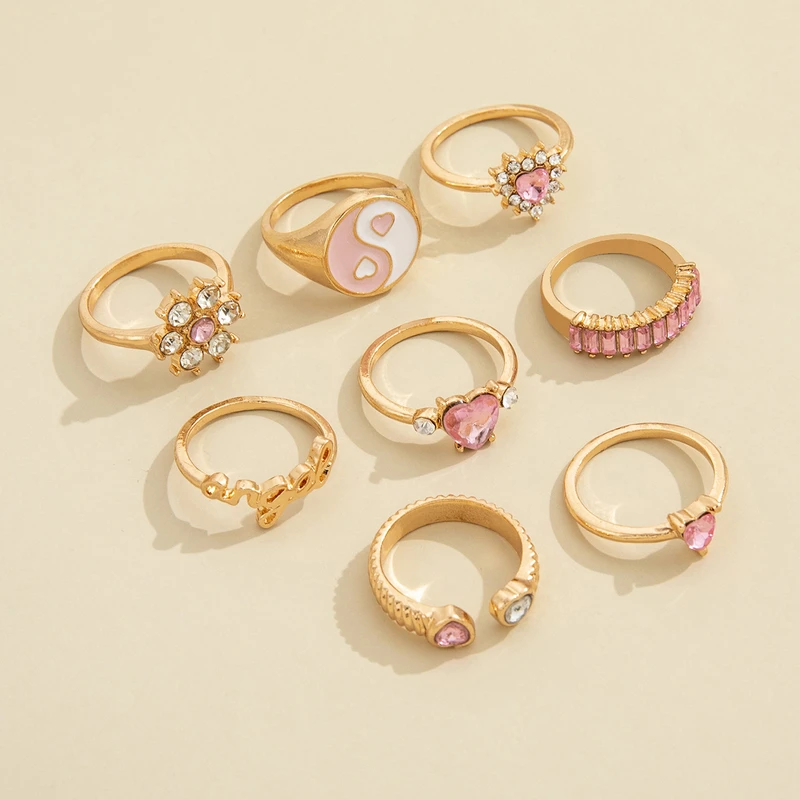 8 pcs heart stone ring set